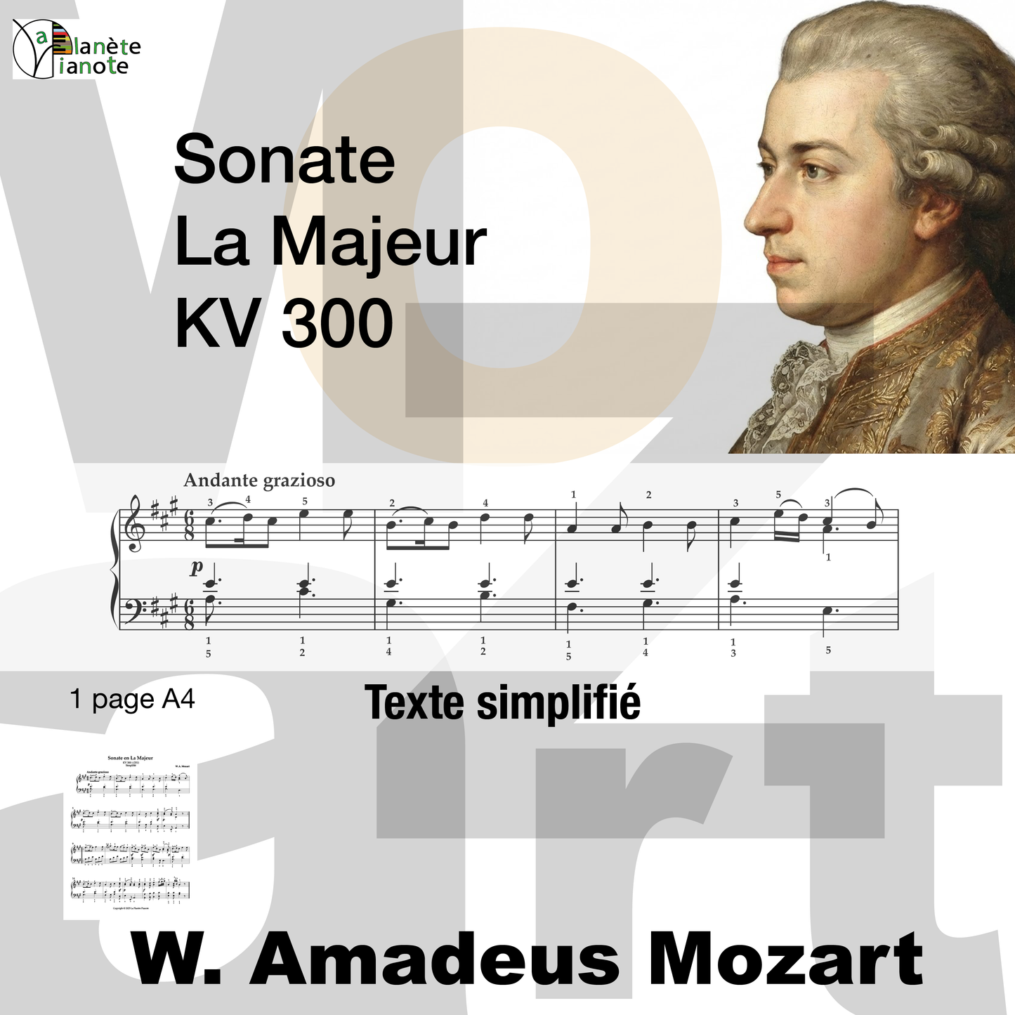 Sonate en La Majeur KV 300 Simplifiée pour Piano